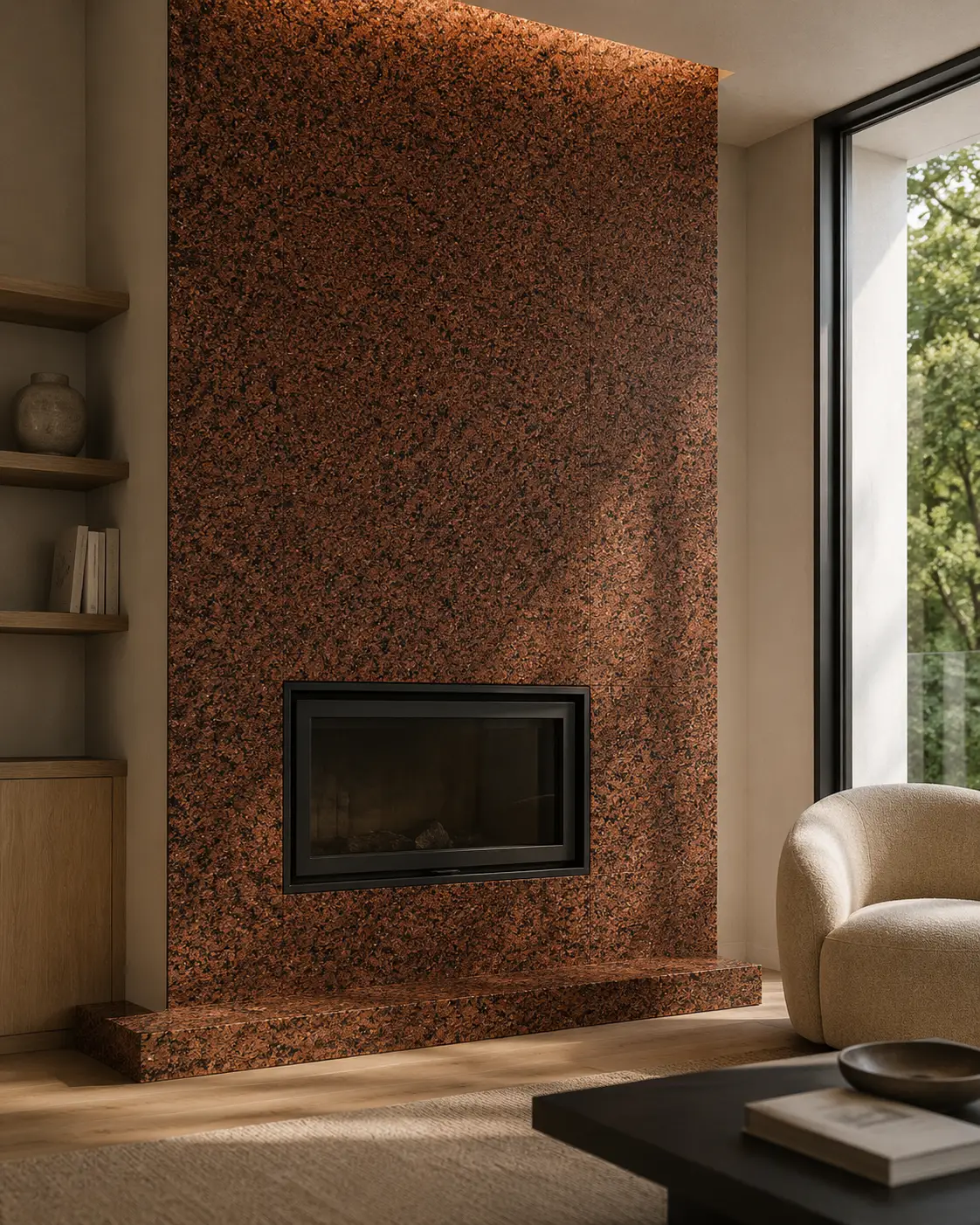 Wizualizacja zastosowania kamienia Maple Red w nowoczesnym wnętrzu