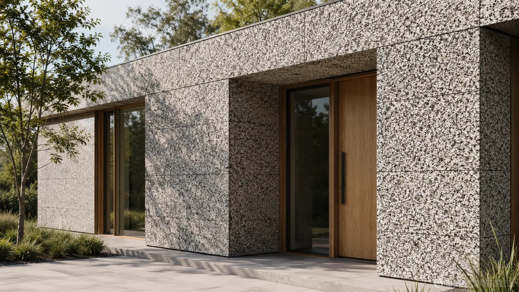 Wizualizacja zastosowania kamienia Grey Ukraine w nowoczesnej architekturze